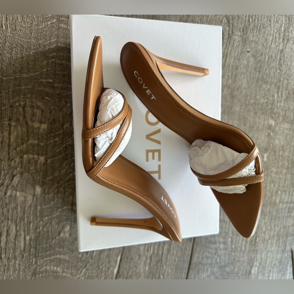 Classic Tan Stiletto Slide Heels - Picture 7 of 9